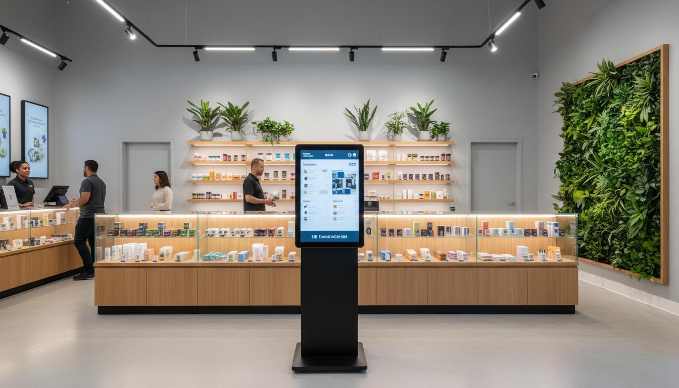 Dispensary sales floor with a self-service kiosk and stocked display cases